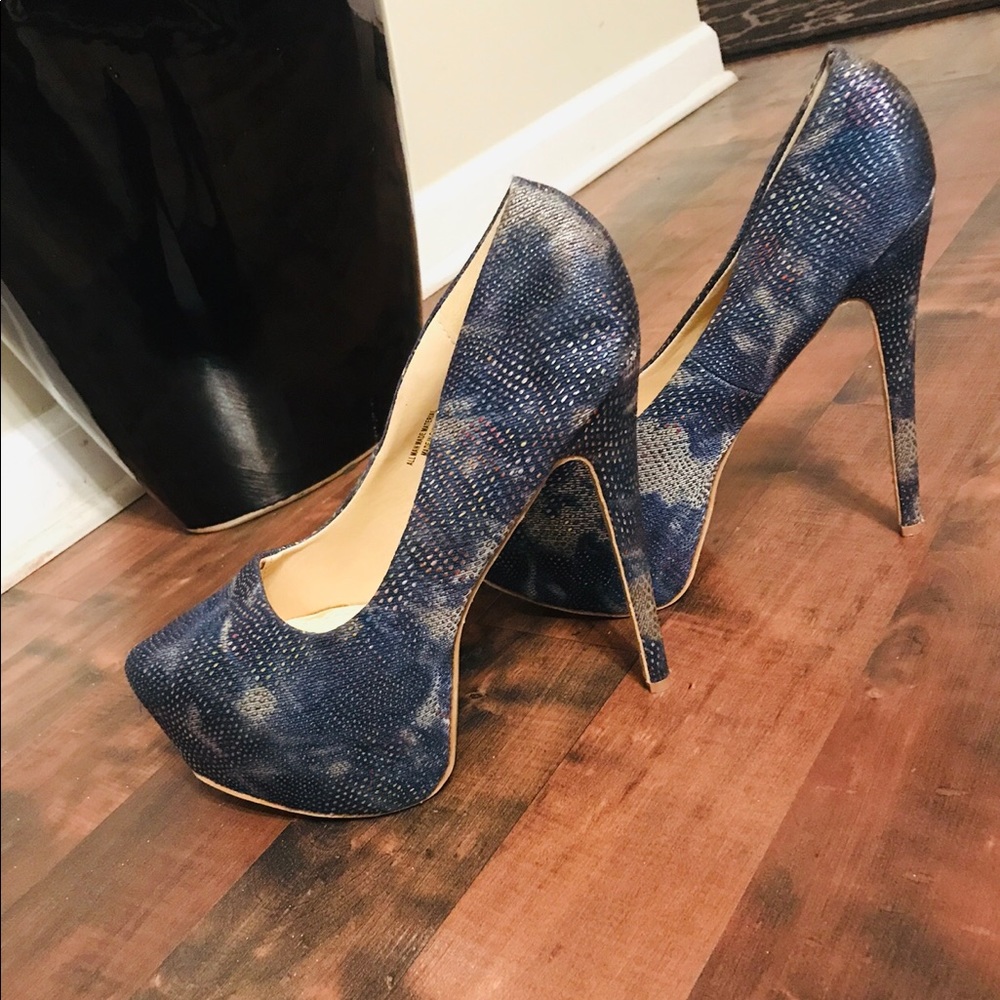 Blue Textured Platform Stiletto Heels